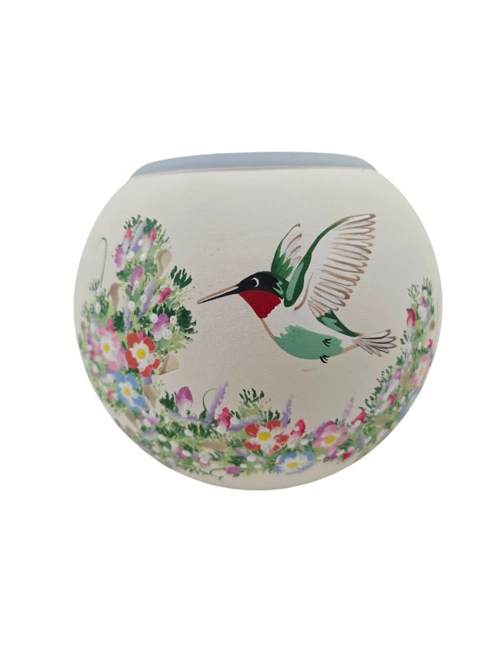 Studio Art Pottery Vase Luminary Hand Painted Ruby Throated Hummingbird Signed